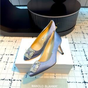 Manolo Blahnik Satin Pumps with Crystal Buckle - Elegant Grey High Heels for